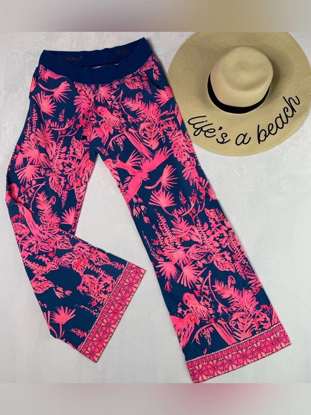 Tropical Wide Leg Lilly Pulitzer Navy and Bright Pink Lounge Beach Bottoms Small